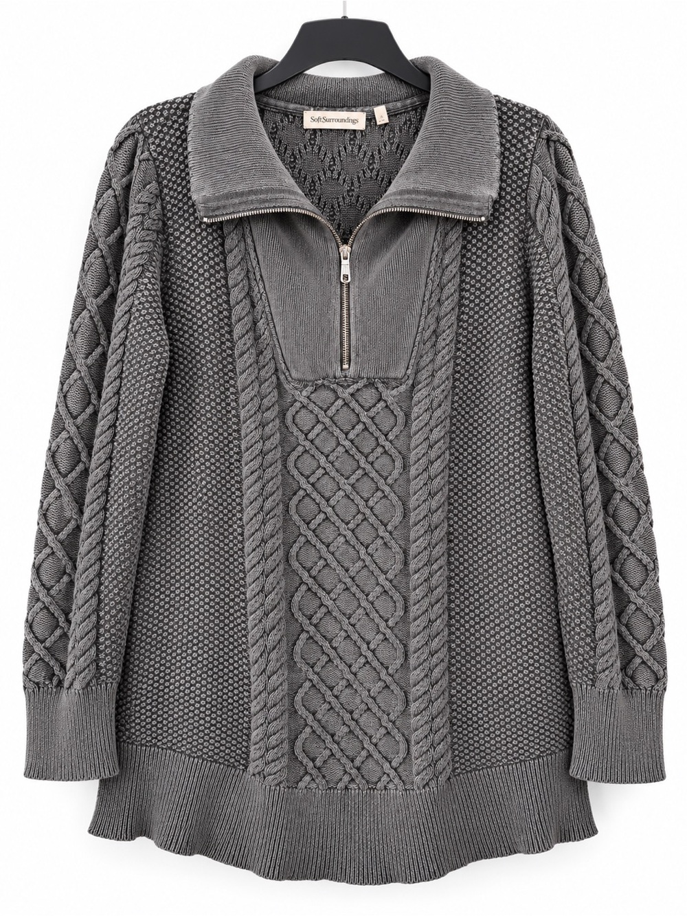 Soft Surroundings Cable Knit Half Zip Sweater Tunic Charcoal Gray M